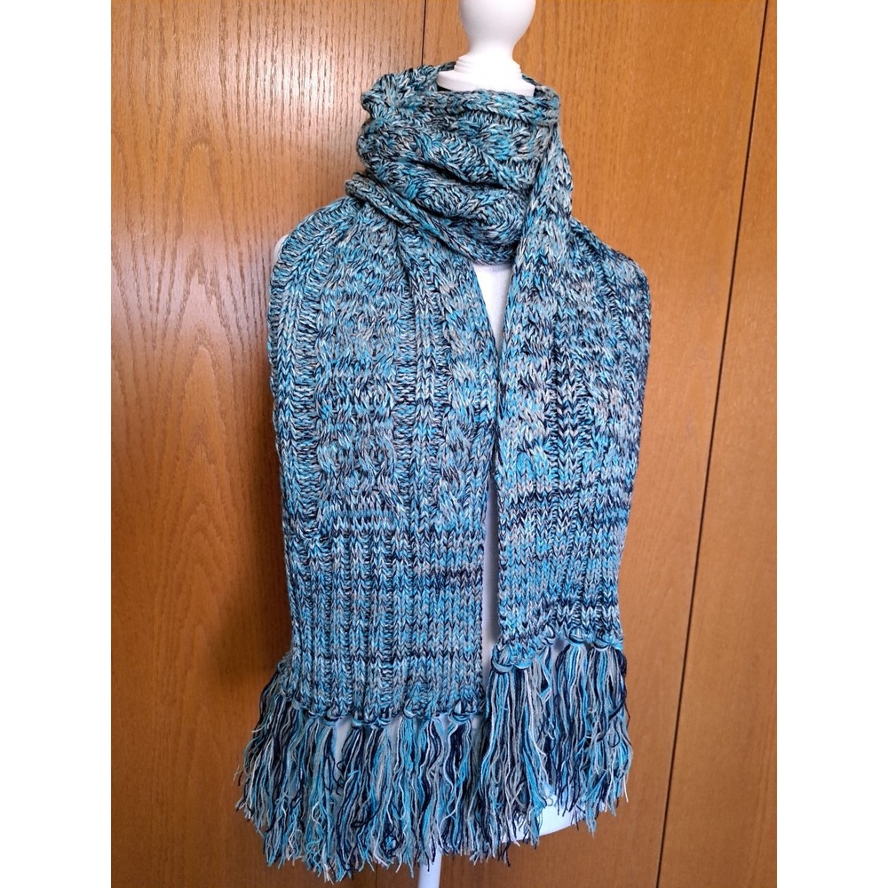 Lokass Women's Blue Knit Scarf Cotton Cashmere Blend Fringe Long Soft Warm 74x9"